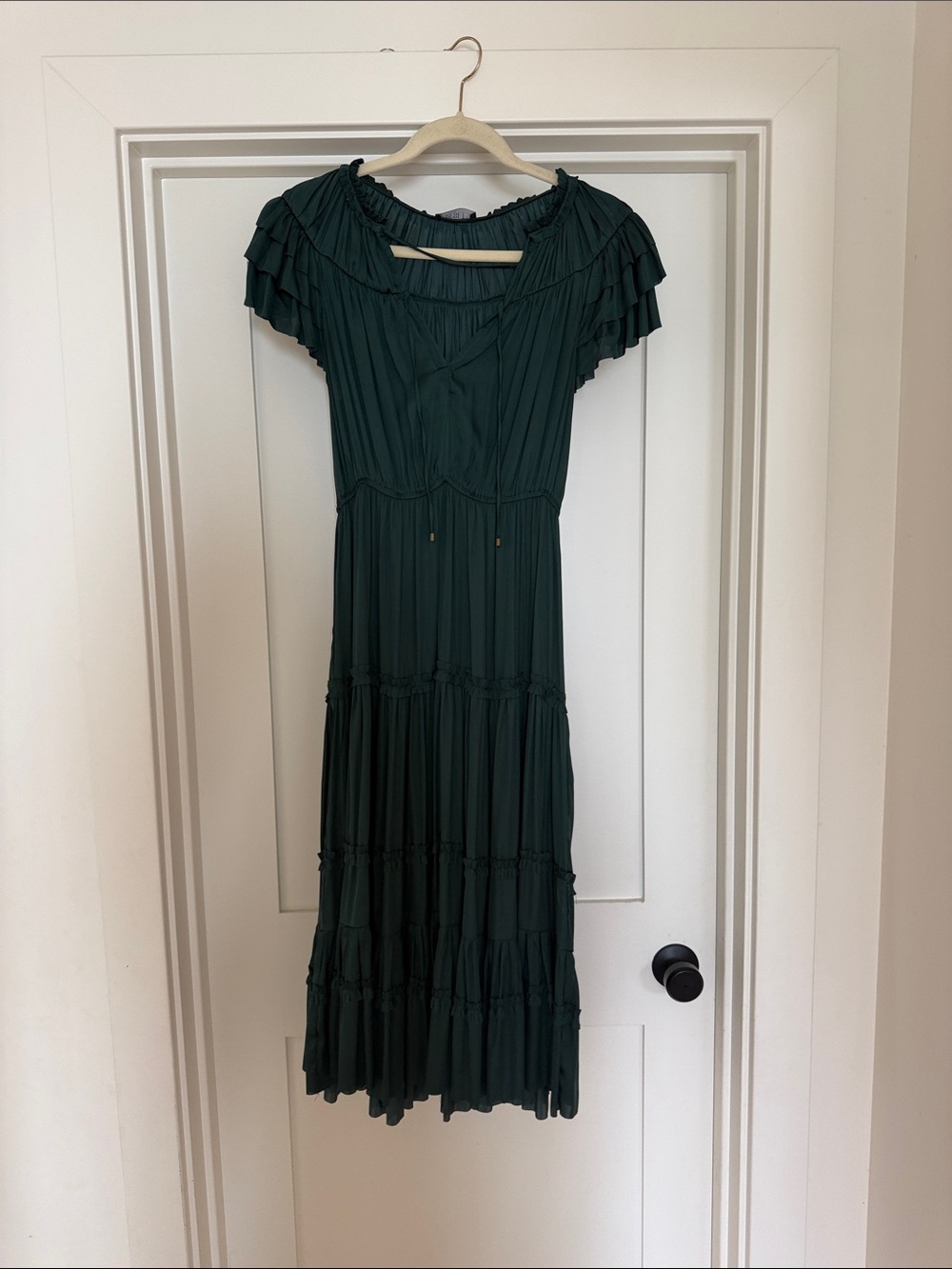 The Reset Dark Green Tiered Midi Dress with Ruffle Shoulders
